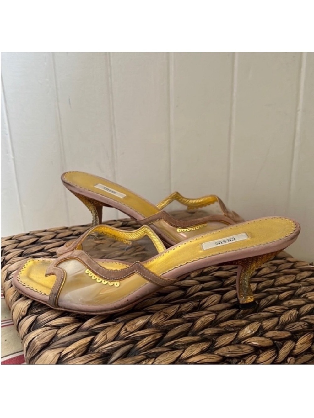 Prada Gold Suede Trimmed Textured Lucite Heeled Mules